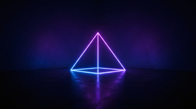Floating glowing purple blue neon pyramid 3d geometric shape dark background