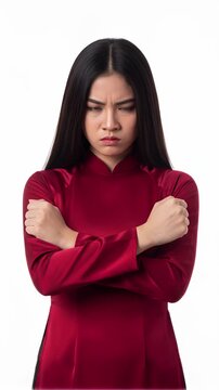 video of a serious Vietnamese woman in a vibrant red silk Ao Dai with crossed arms and an intense, defiant expression, isolated on a white background. She maintains direct piercing eye contact