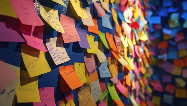 Colorful sticky notes densely cover a wall