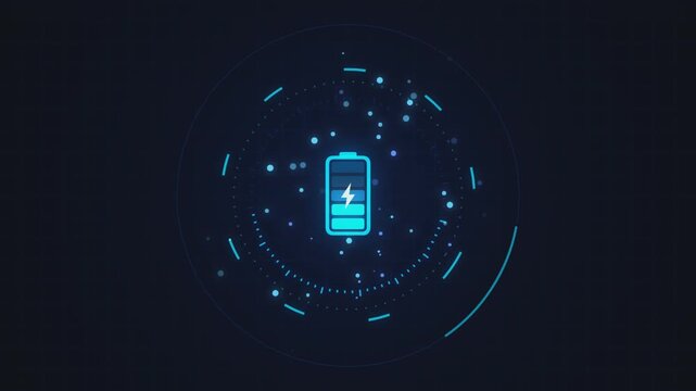 Glowing blue battery charging icon with digital interface particles for modern energy animation video loop motion