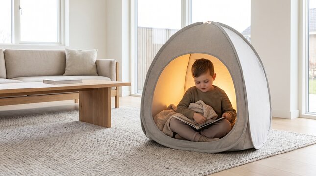Focused little boy holding a blanket and reading a book inside a warm glowing sensory play tent on rug