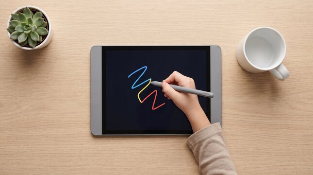 High angle flatlay of child hand doodling colorful lines with stylus on digital tablet at wooden table