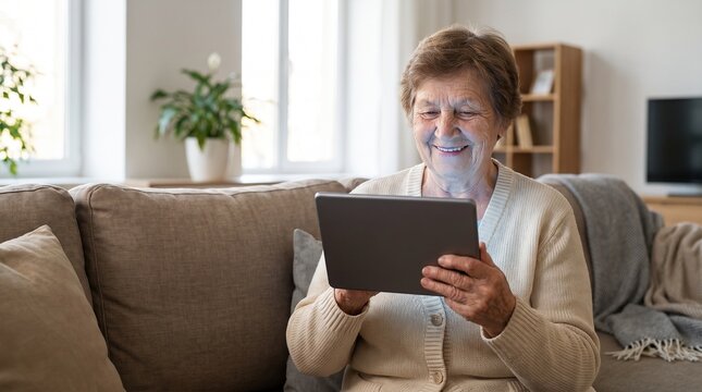 Happy senior elderly woman smiling while using a digital tablet computer on a comfortable living room sofa