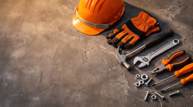 A collection of construction tools and safety equipment arranged for a professional happy labor day holiday celebration