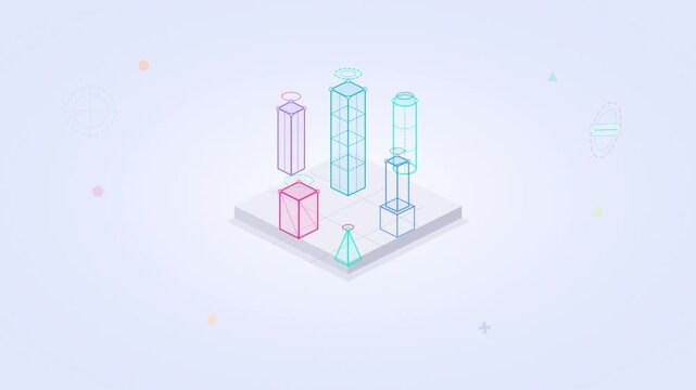 Isometric 3D geometric shapes transform into neon wireframe bar charts on a grid