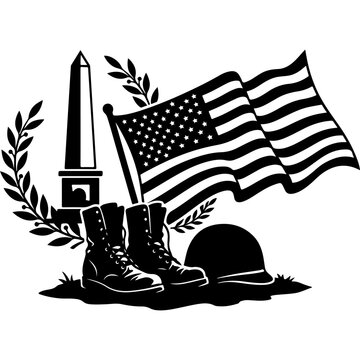 Military memorial vector illustration, American flag with combat boots and helmet, patriotic veterans day tribute graphic