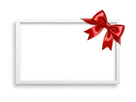Empty rectangular frame with a decorative red silk gift bow isolated on white background
