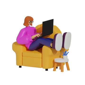 3D illustration of a woman working on a laptop while relaxing in an armchair