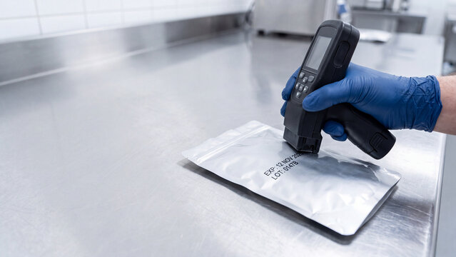 Worker in blue gloves using a handheld coding device to print essential data on product packaging.