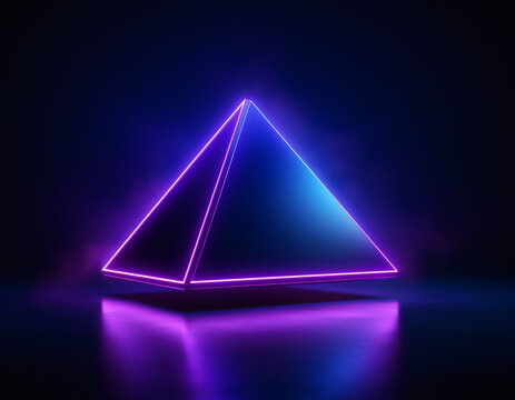 Wireframe glowing purple blue neon triangle pyramid dark minimal background reflections