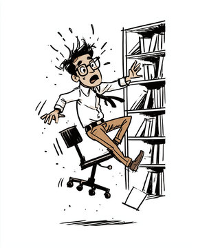Oops! A Clumsy Office Worker Falls: A man in formal attire with disheveled hair and wide eyes tumbles from his office chair, books flying from a nearby shelf in a moment of cartoonish chaos.
