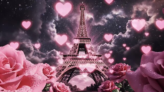 Dreamy romantic night scene featuring the Eiffel Tower surrounded by pink roses and hearts