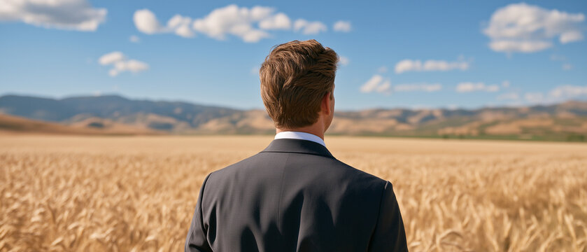 Businessman in Wheat Field: A businessman in a suit stands in a golden wheat field, gazing towards distant hills under a blue sky with scattered clouds, embodying ambition and the future.