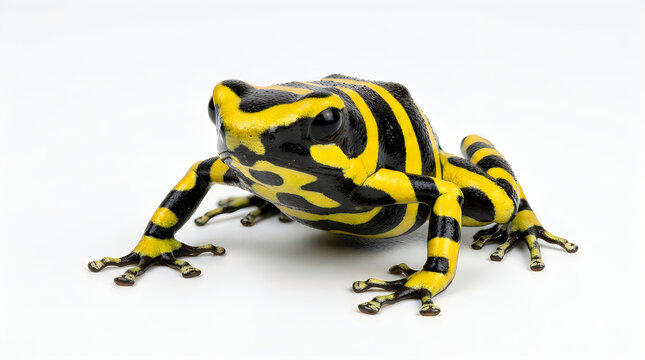 "Yellow-Banded Poison Dart Frog on White Background, Macro Wildlife Shot"