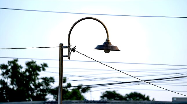 Street light pole with power lines crossing under a clear blue sky and blurry green trees, showcasing urban infrastructure and public lighting elements.