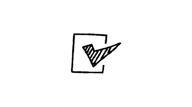 4K hand drawn checkbox with checkmark pop-up icon featuring boiling line animation. Frame by frame line art on black and green screen backgrounds for completed task, to do list, correct answer.