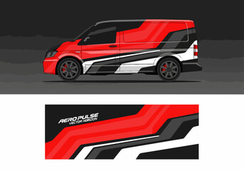 Naklejka premium Red racing van with dynamic vector graphics wrap design