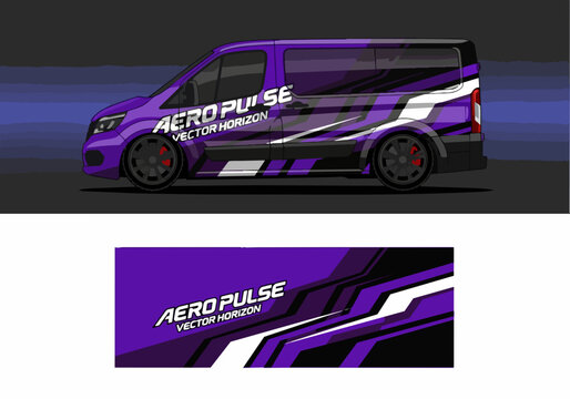 Purple racing van with dynamic vector horizon design wrap
