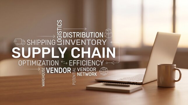 Supply Chain Management Word Cloud Concept, Laptop on Office Desk with Logistics Distribution Inventory and Vendor Optimization Text Overlay