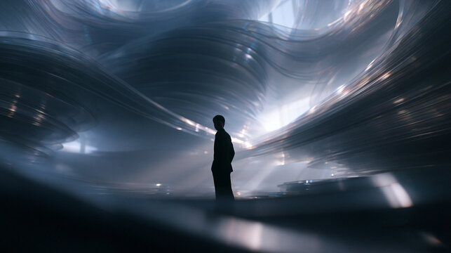 Businessman Silhouette in Abstract Futuristic Architectural Space