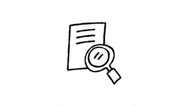 4K hand drawn search document with magnifier pop-up icon featuring boiling line animation. Frame by frame line art on black and green screen backgrounds for file inspection, research lookup, audit.