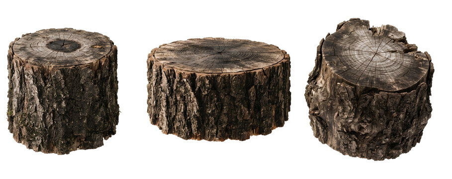 Rustic Wooden Tree Trunk Log Stump Pedestals Isolated. Log stump different views PNG. Wooden trunk as a display stand for rustic and timber presentations PNG