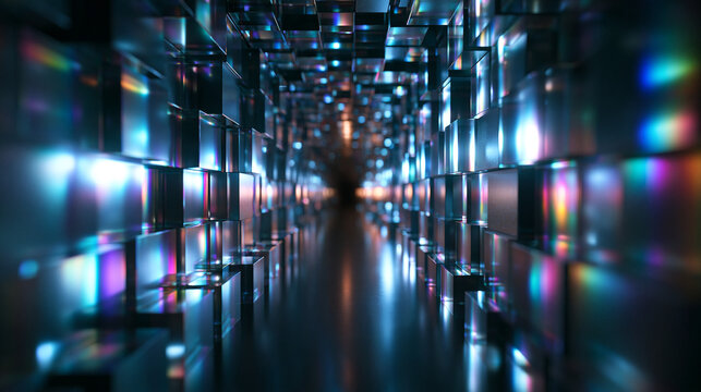 Abstract Futuristic Digital Tunnel with Glowing Prism Light Refraction