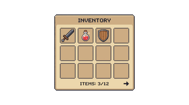 Pixel Art Inventory Screen with Sword, Potion, Shield