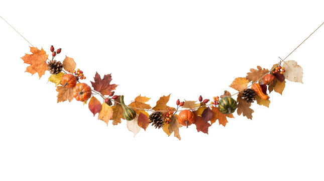 Long Hanging Autumn Leaf Garland Banner with Colorful Fall Foliage Isolated
