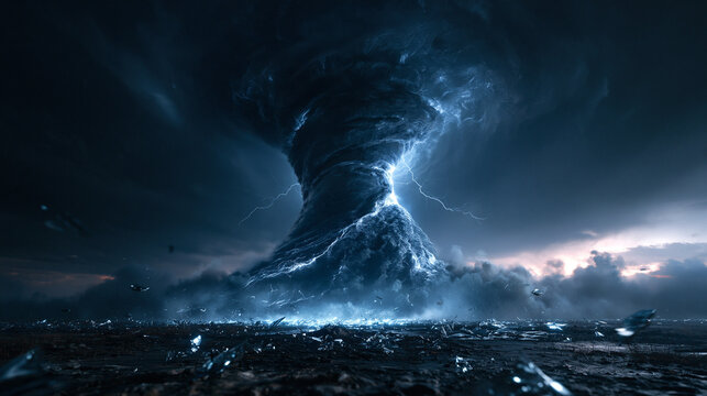 Dramatic Tornado Funnel with Lightning in Extreme Storm