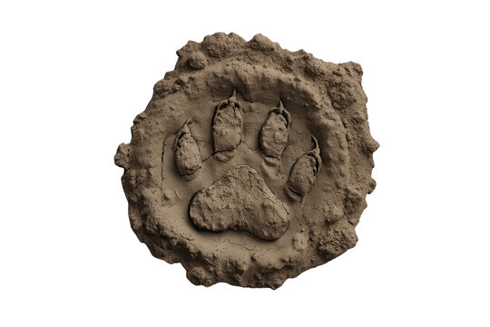 Large animal paw print impressed in round brown clay