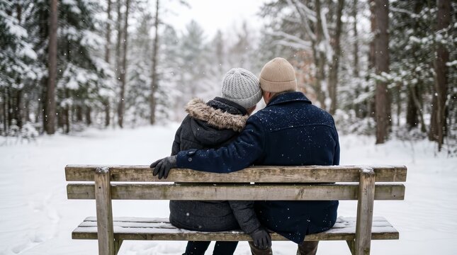 Love and retirement age concept featuring an elderly couple on a bench during winter snow.