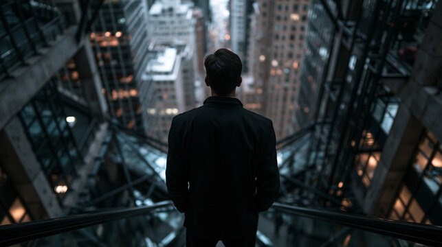 Businessman Standing on High Level Looking Down at City Skyline