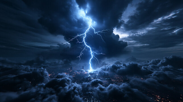 Powerful Lightning Bolt Striking City at Night Aerial View