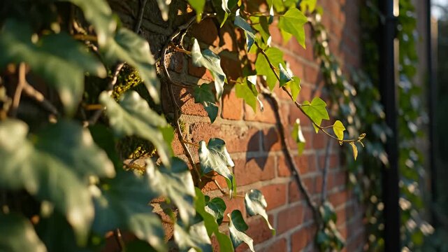 Green ivy leaves growing on a red brick wall.