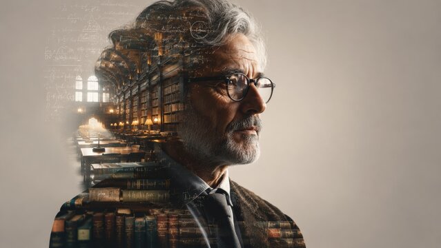 Thoughtful senior man overlooking a grand library in a double exposure filled with books.