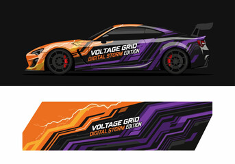 Fototapeta premium Futuristic sports car with digital storm graphics and neon accents