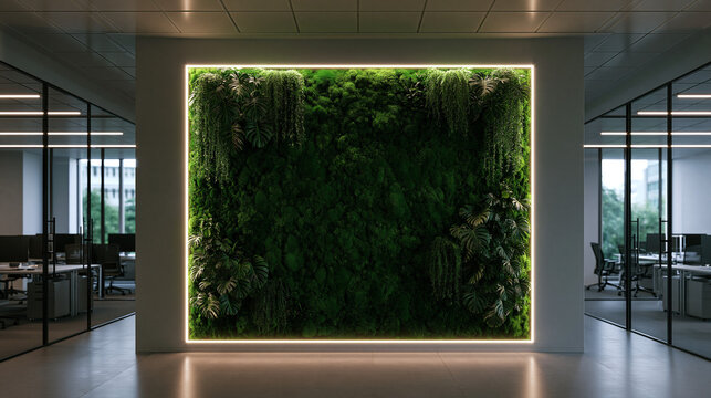 Illuminated Green Wall in Modern Corporate Office Interior