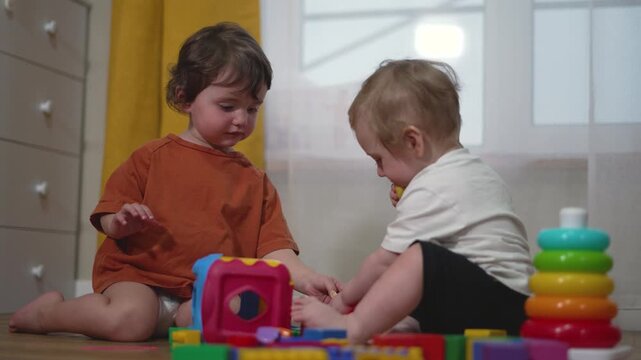 Toddlers play with colorful blocks and stacking rings on floor. Children share educational toys. Kids build together in playroom. Boys enjoy playtime with blocks. Toddlers learn through play.