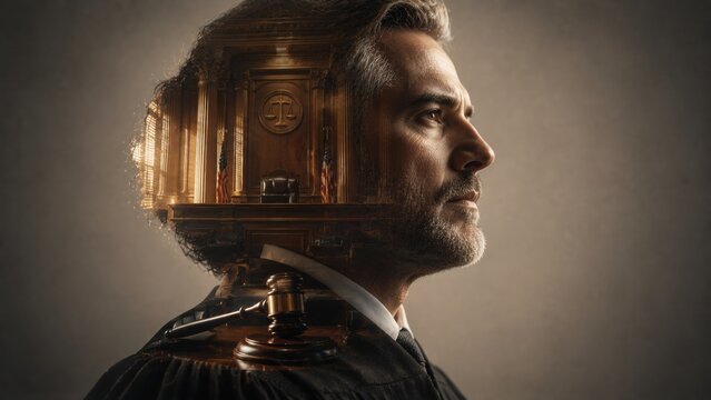 A serious judge and mature man thinking inside a traditional courtroom featuring a wooden gavel and law.