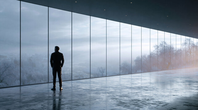 Businessman Standing in Modern Office Looking Out Large Window