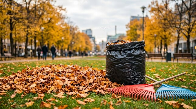 Natural waste cleaning and disposal of fallen autumn leaves in a public city park.