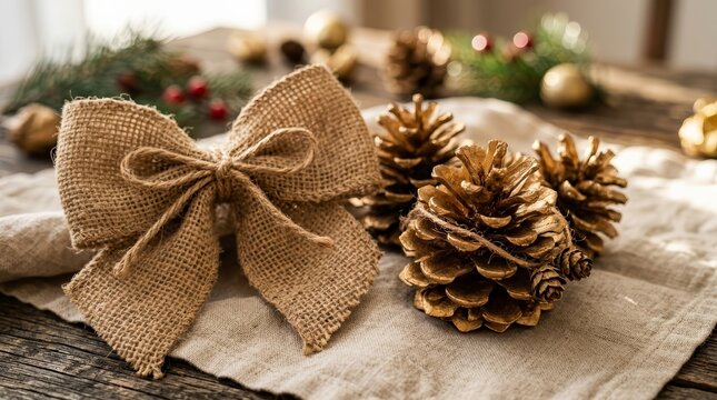 Eco-friendly Christmas decorations including fir cones and jute burlap elements.