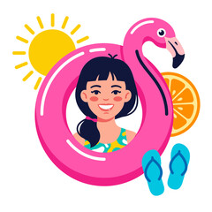 Summer girl character with pink flamingo floaty ring and sliced citrus orange backdrop