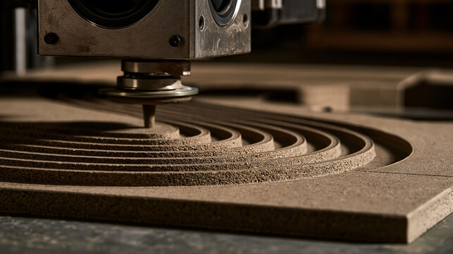 Elegent photo of A CNC machine router cuts concentric circles into a piece of engineered wood paneling. This image represents precise industrial manufacturing and custom woodworking craftsmanship.