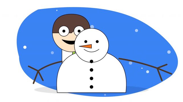 Happy cartoon boy standing behind a smiling snowman in the winter snow