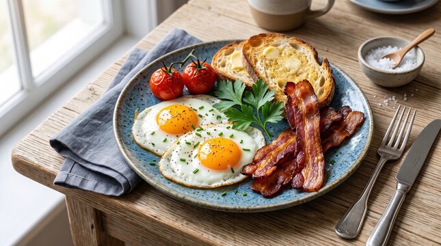 A hearty breakfast features fried eggs and crispy bacon served with toast on a blue plate.