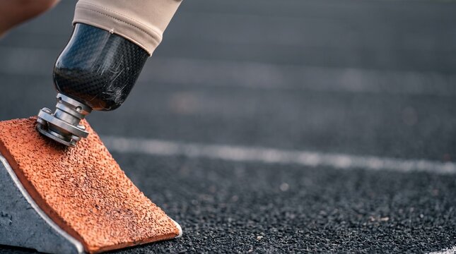 Close-up of a runner's prosthetic leg in a starting block on a track, ready to race