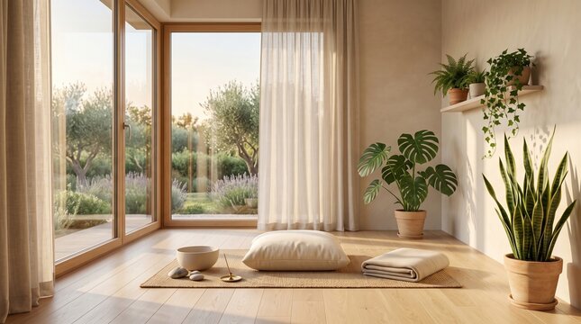 A serene meditation room with plants and sunlight streaming through large windows overlooking a garden.