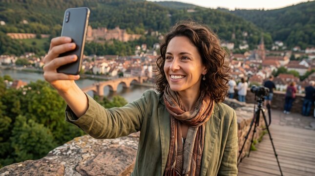 A smiling woman takes a selfie with a smartphone wearing a patterned scarf and jacket outdoors.